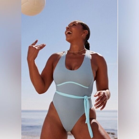 Fabletics Lace Up Razorback Swimsuit One Piece NWT Raincloud Sky Blue NWT Size S - Picture 3 of 4